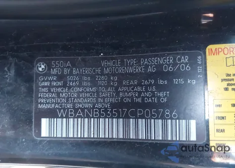 2007 BMW 550I from USA, damaged, VIN WBANB53517CP05786